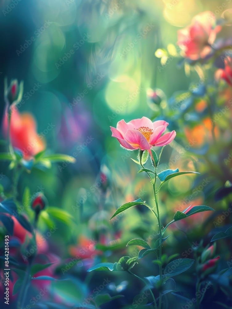 Obraz premium Pink wildflower blooming in a sunlit garden with a soft-focus background. The vibrant flower stands out against the lush greenery, creating a serene and dreamy atmosphere.