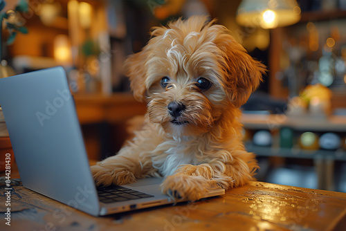 飼い主のためにメールチェックをする子犬（左向き）