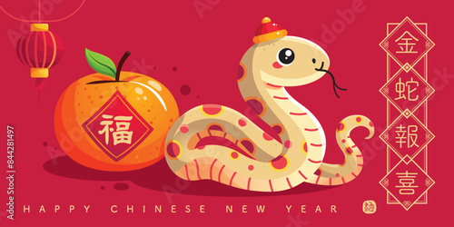Chinese New Year 2025 illustration with cheerful snake and Chinese mandarin orange on red background. Isolated background.