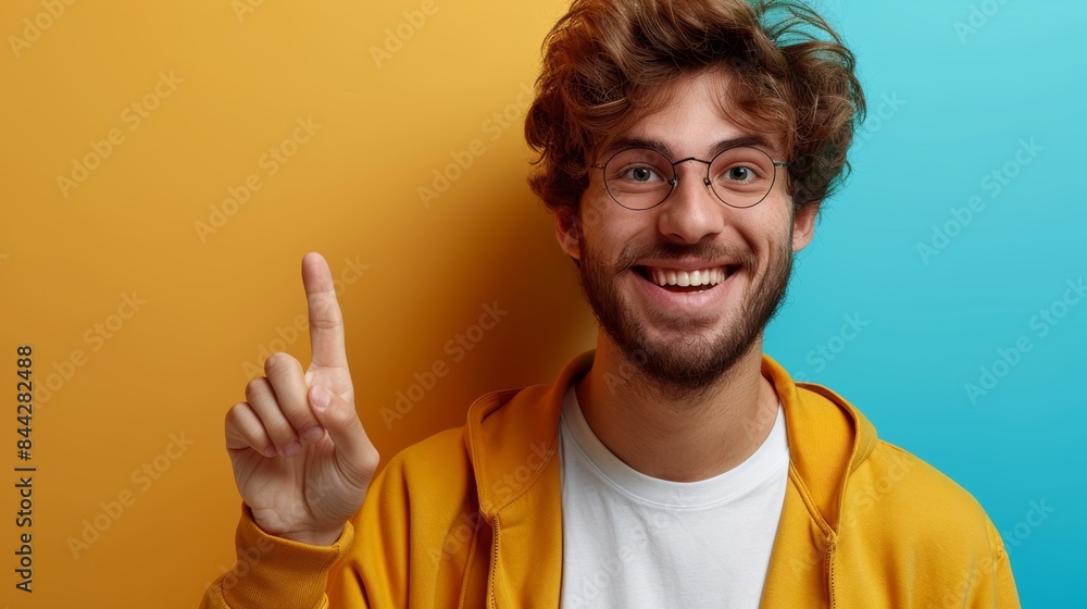 portrait of smiling man pointing finger up, has good idea genius plan, he talk sound O portrait of smiling man pointing finger up, has good idea genius plan, he talk sound O