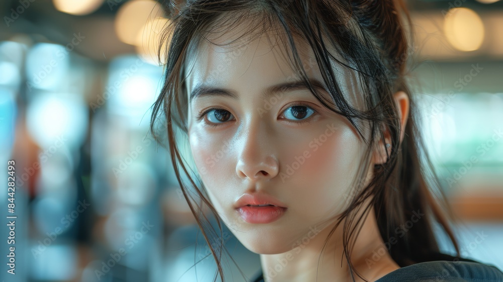 fitness Asian skinny girl, beautiful and delicate eyes, wearing tight tracksuits, a bright gym in the background fitness Asian skinny girl, beautiful and delicate eyes, wearing tight tracksuits, a bright gym in the background