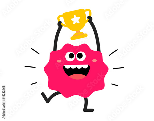 Vector cartoon illustration of cute abstract shape happy character with winner cup in hand on white color background. Flat style child doodle design of smile geometric monster. Kid character champion