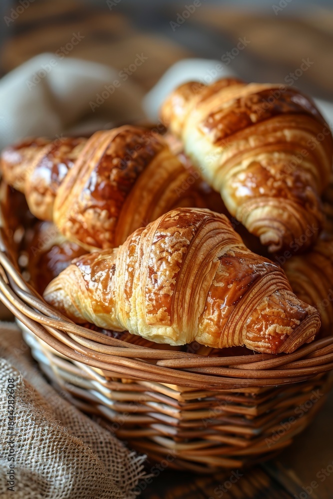 Close up of fresh croissants in a basket on a wooden table Close up of fresh croissants in a basket on a wooden table