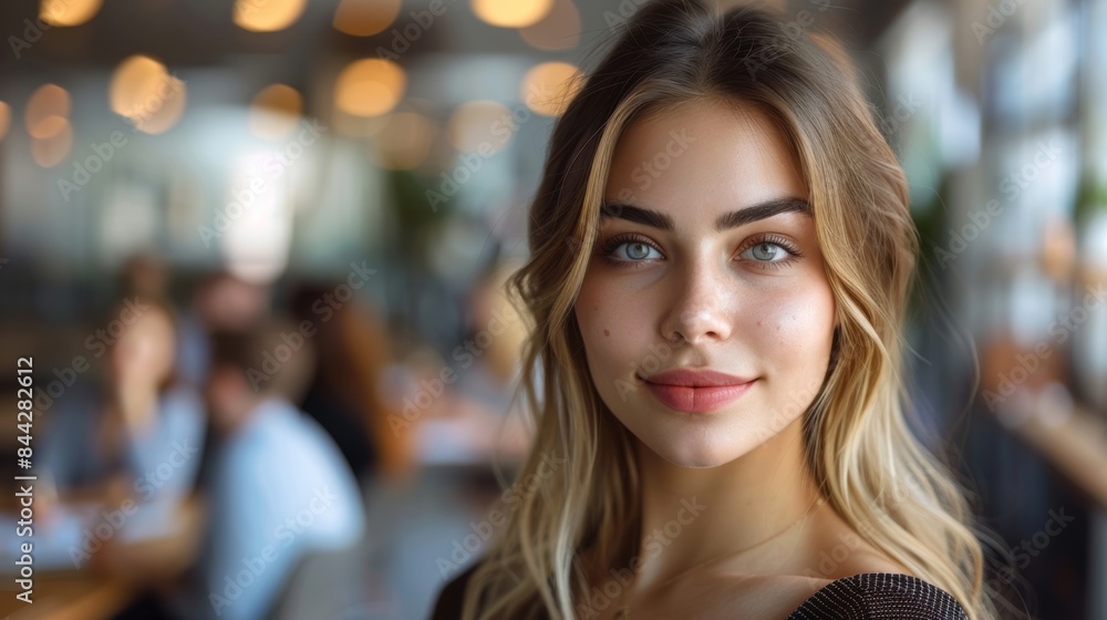 Beautiful young woman team leader posing with confident expression as her colleagues hold a meeting in background. Beautiful young woman team leader posing with confident expression as her colleagues hold a meeting in background.
