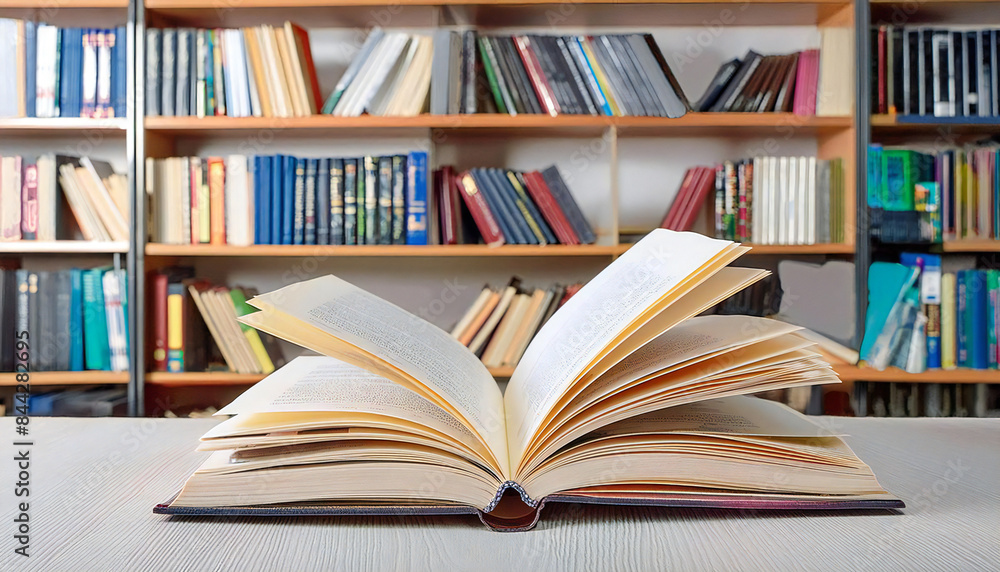 An open book on a table with a bookshelf full of books in the background. An open book on a table with a bookshelf full of books in the background.