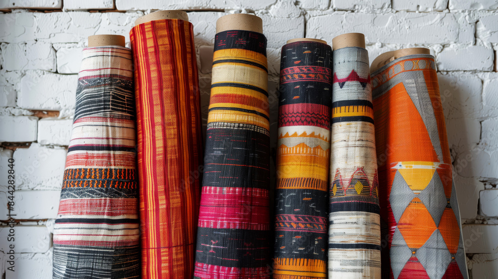 rolls of colorful fabric on a white brick wall. in a palette of red, orange, yellow, and white rolls of colorful fabric on a white brick wall. in a palette of red, orange, yellow, and white