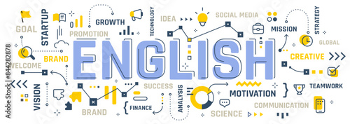Vector education illustration of word english typography with line icon and word cloud on white color background. English language business infographic concept. Line art style design