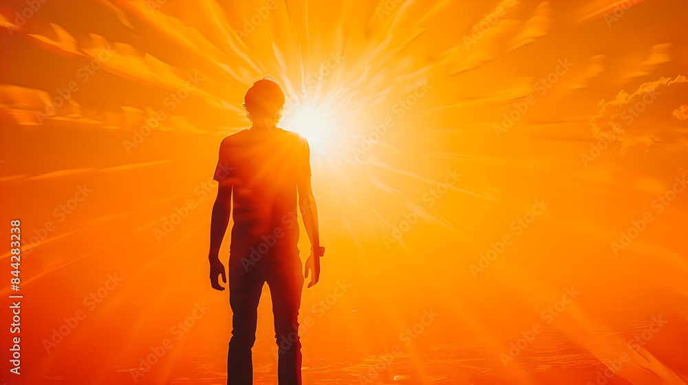 Silhouette of a person standing against a vivid, fiery sunset, creating a dramatic and inspirational scene. Silhouette of a person standing against a vivid, fiery sunset, creating a dramatic and inspirational scene.