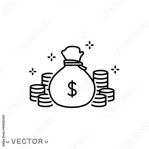 bunch of money and coin icon, wealth or prosperity concept, financial prize, thin line symbol isolated on white background, editable stroke eps 10 vector illustration