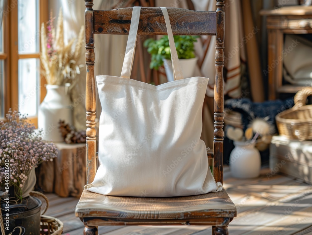 blank white canvas tote bag mockup, the tote is sitting on a rustic wooden chair. blank white canvas tote bag mockup, the tote is sitting on a rustic wooden chair.