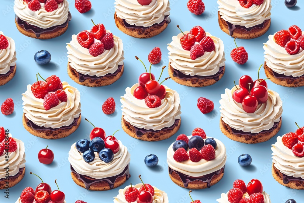 A seamless design featuring assorted pastries topped with fruit and custard, perfect for showcasing on menus and prints. A seamless design featuring assorted pastries topped with fruit and custard, perfect for showcasing on menus and prints.