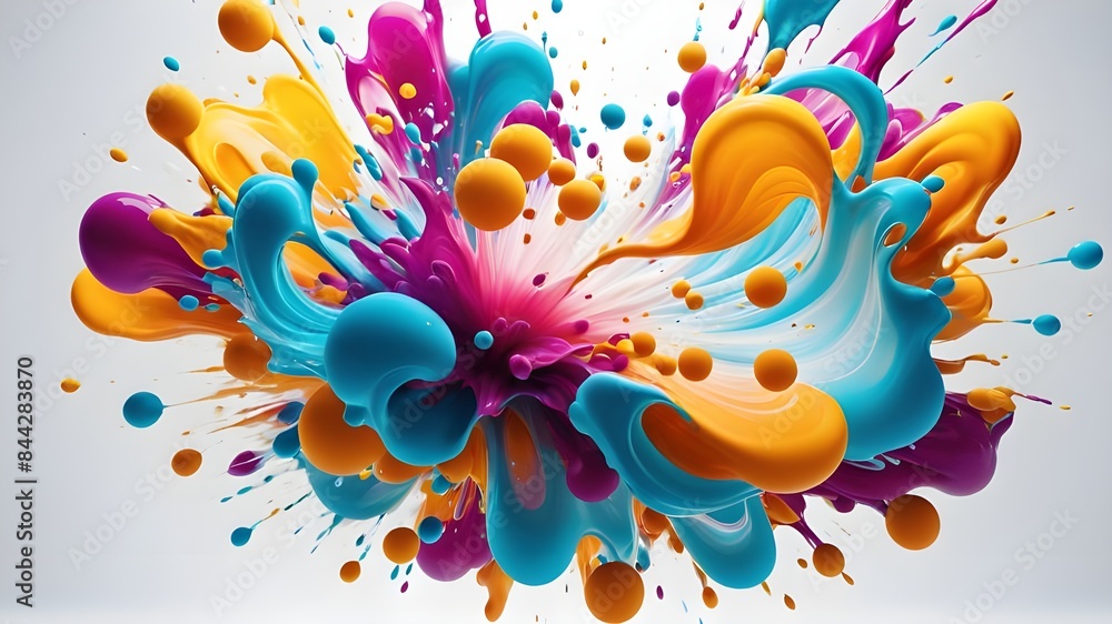Abstract circle liquid motion flow explosion. Curved wave colorful pattern with paint drops on white background Abstract circle liquid motion flow explosion. Curved wave colorful pattern with paint drops on white background