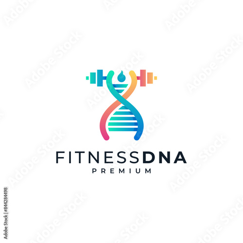 fitness and sport logo design with people, barbell and DNA