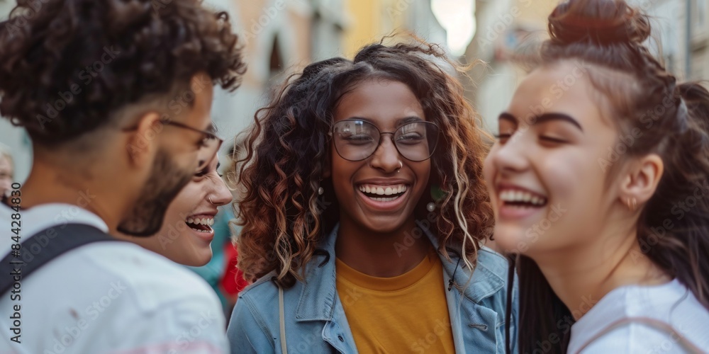 A diverse group of young individuals laughing and connecting while spending time outside on a sunny day in the city. A diverse group of young individuals laughing and connecting while spending time outside on a sunny day in the city.