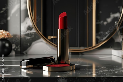 Close-up of red Lipstik makeup advertisement poster with colour background realistic vector