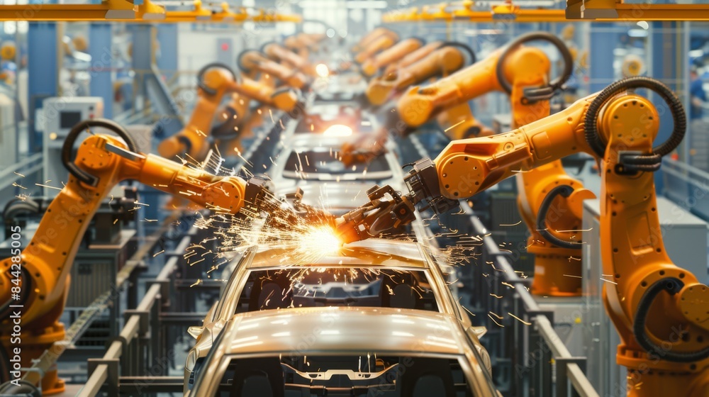 Innovative Electric Car Manufacturing - Robotic Assembly Line in Bright Factory Setting with Space for Text Above Innovative Electric Car Manufacturing - Robotic Assembly Line in Bright Factory Setting with Space for Text Above