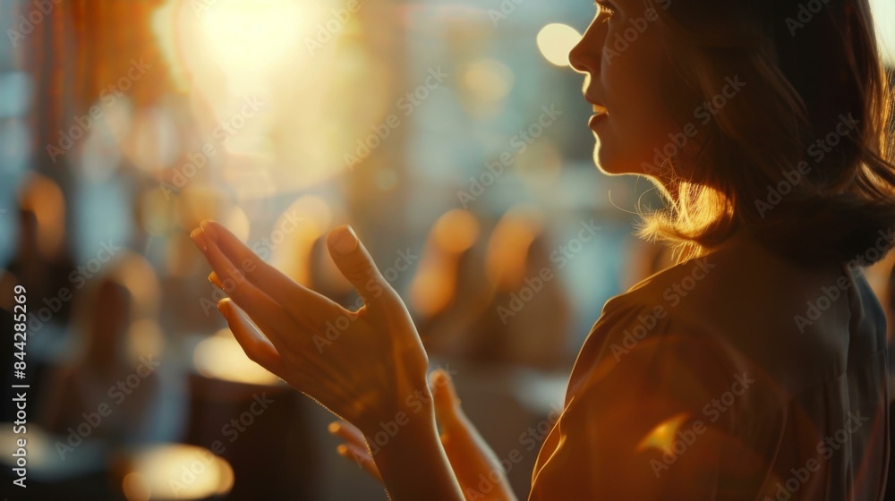 A woman is standing in front of a crowd with her hands out. AI. A woman is standing in front of a crowd with her hands out. AI.