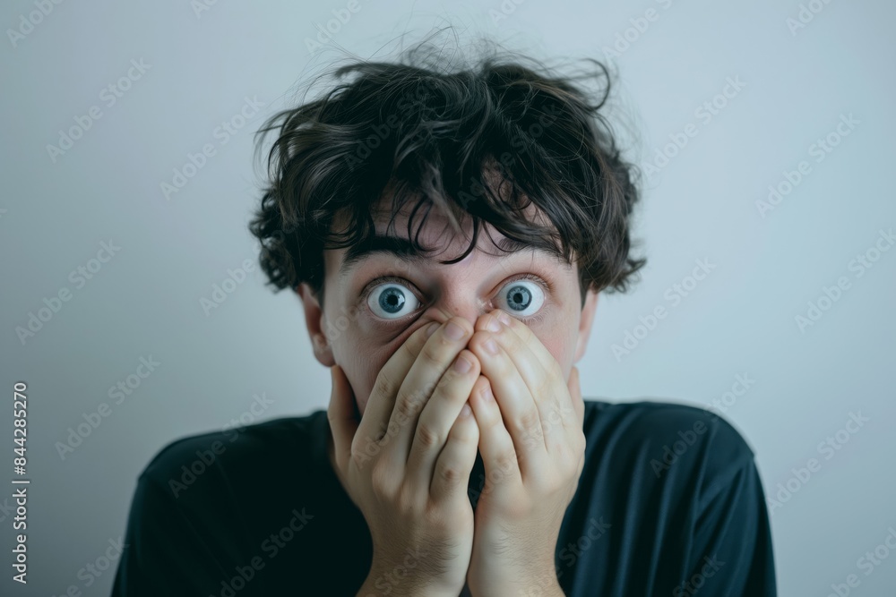 Concept of shock or disbelief. A man with his hands covering his face and eyes wide open Concept of shock or disbelief. A man with his hands covering his face and eyes wide open
