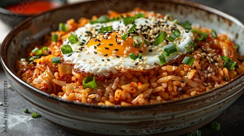 Classic kimchi fried rice a sunnysideup egg sesame seeds and green onions in a rustic bowl isolated on white ultra HD camera