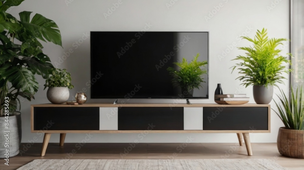 living room interior mockup. TV cabinet or place item in contemporary living room with table, light, flower, and plant. living room interior mockup. TV cabinet or place item in contemporary living room with table, light, flower, and plant.