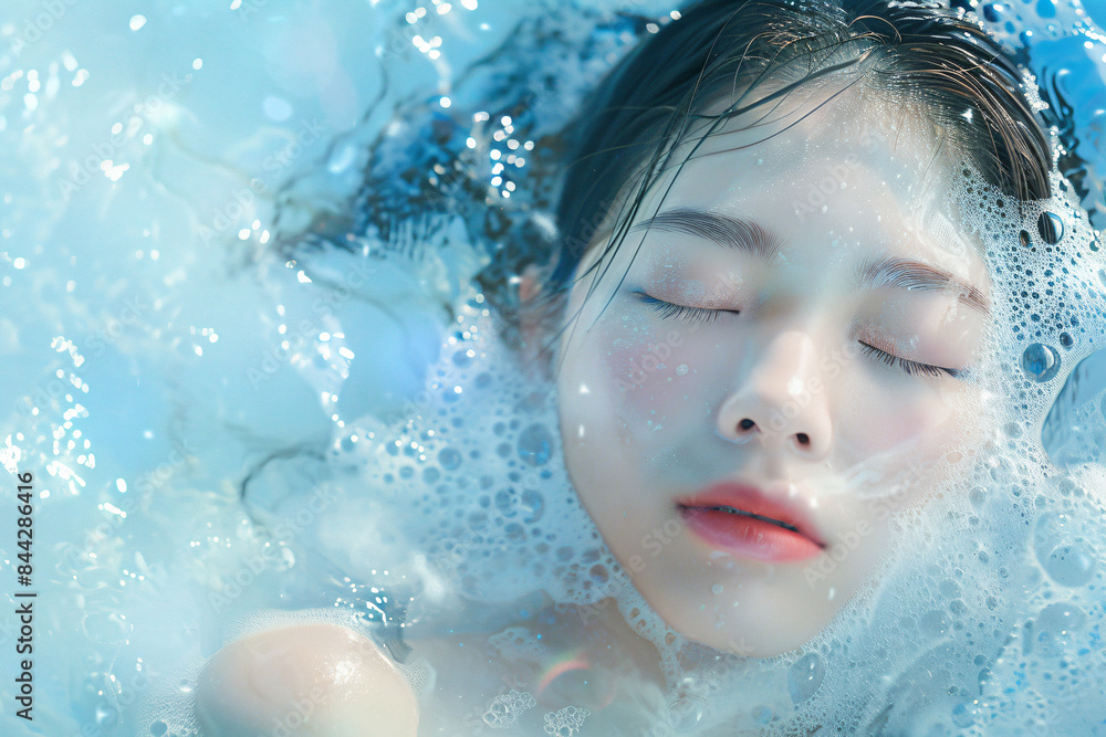 a woman is in a bathtub with bubbles a woman is in a bathtub with bubbles