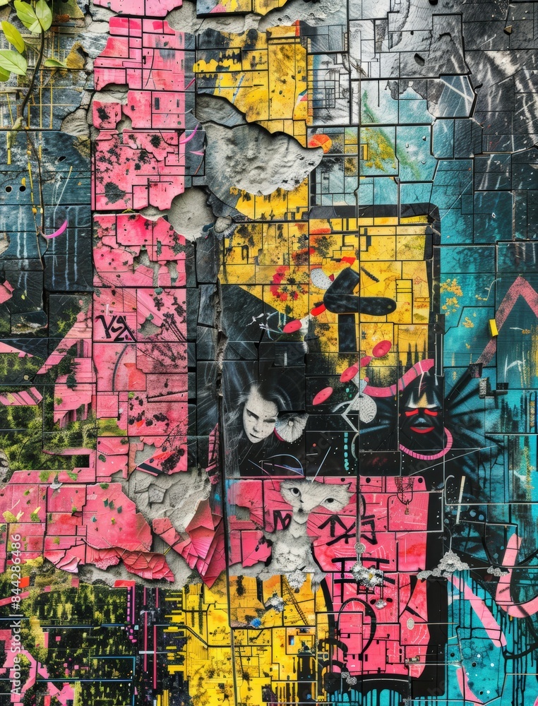 Fototapeta premium Colorful urban street art mural with bold graffiti and vibrant textures on a distressed wall, showcasing modern creative expression.