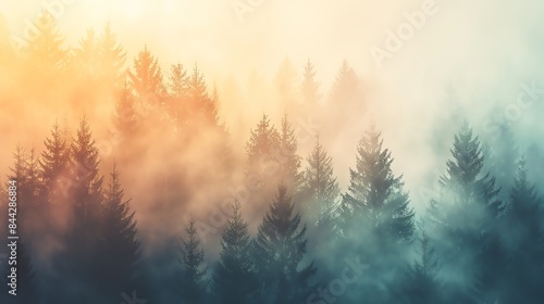 This is a beautiful landscape image of a forest with a foggy atmosphere.