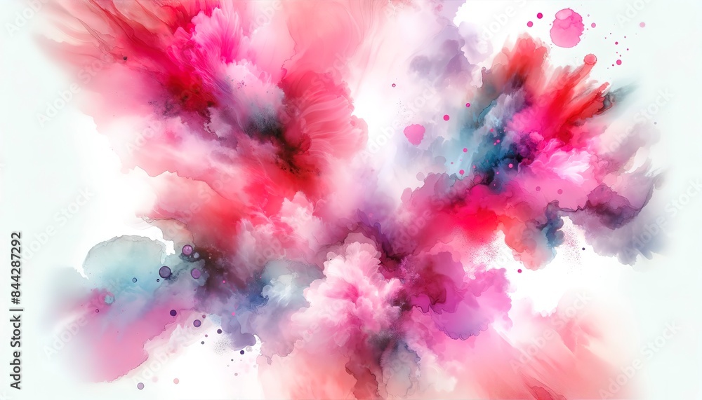 Fototapeta premium Abstract watercolor splashes, vibrant pink hues, wide-angle view, blending colors, artistic and dreamy feel