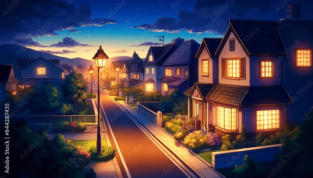 Quiet suburban neighborhood, dusk, street lamps glowing, anime style, wide-angle view Quiet suburban neighborhood, dusk, street lamps glowing, anime style, wide-angle view