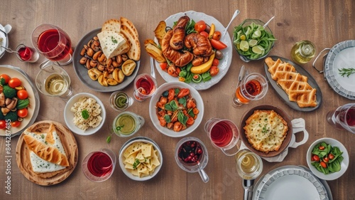 Wallpaper Mural hyper realistic Full table of delicious Dinner party table European foods and drinks from top view, Happy dining time, buffet food dishes background Torontodigital.ca