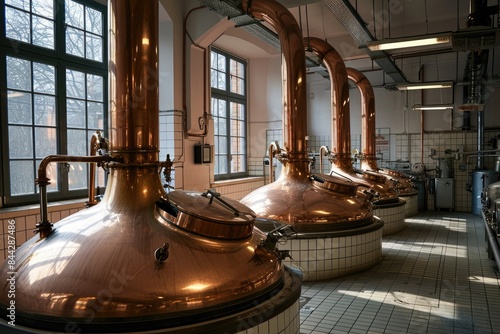 Distillery beer tanks in large light interior. Traditional beer production in an old brewery.