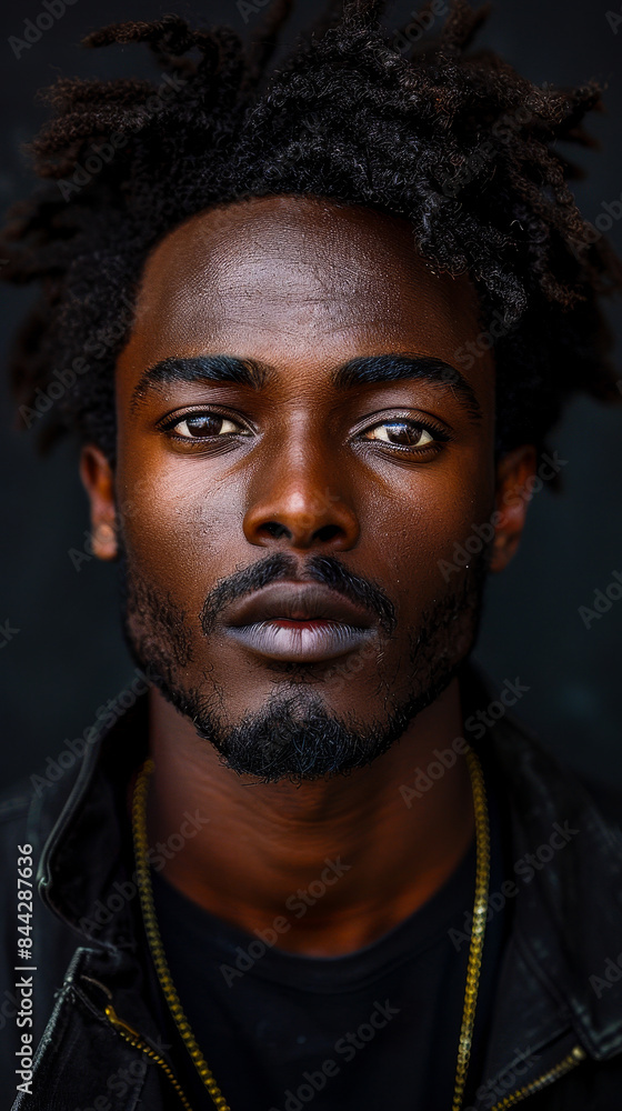 Striking Headshot of Handsome Afro Man with Intense Gaze in Urban Setting - Concept of Confidence and Strength Striking Headshot of Handsome Afro Man with Intense Gaze in Urban Setting - Concept of Confidence and Strength