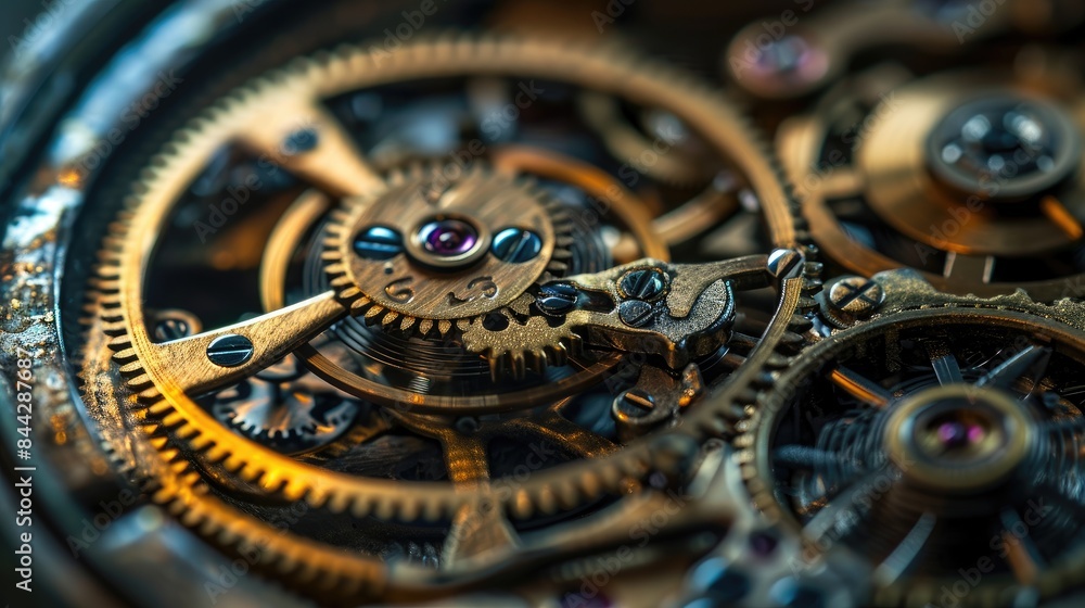 Close-up of the inner workings of a mechanical watch. Many different gears and parts. Technical background.