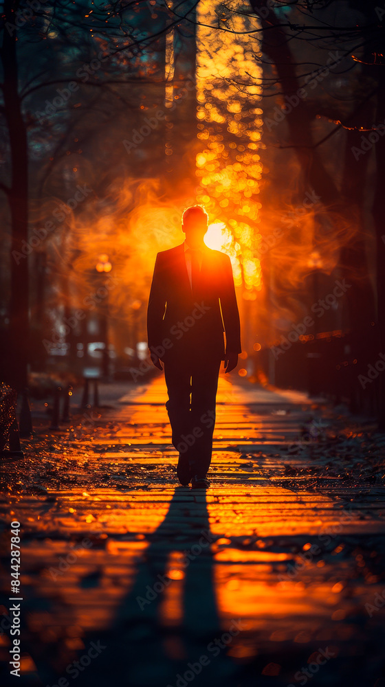 Fototapeta premium Businessman Walking Towards Ambition at Sunrise Through Urban Park Pathway with Inspiring Light and Shadow Play Reflecting Determination and Success