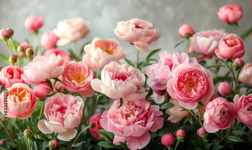 Fototapeta premium Fresh Bunch of Pink Peonies and Roses Blossoming in Soft Light with Copy Space for Floral Design and Spring Themes