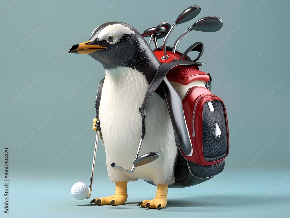 Obraz premium Illustration of Penguin dressed in a golf outfit, swinging a golf club with a determined look. Ai Generate.