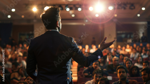 A man stands on stage in front of a large audience, giving a speech © Yuly