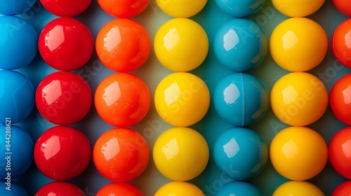 Colorful balls of blue, orange, red, and yellow arranged in a repeating pattern. The balls are evenly spaced and have a glossy finish. photo