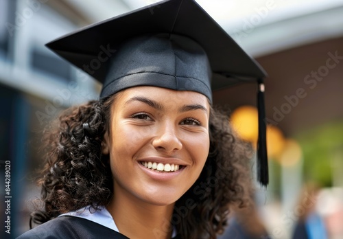 Happy Graduate Woman Wearing Graduation Cap and Gown