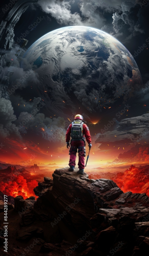 Obraz premium Astronaut standing on volcanic landscape, staring at Earth in space, with fiery sky. Futuristic adventure and exploration concept.