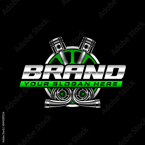 Auto repair logo. Emblem with Piston, Gear and wrench element