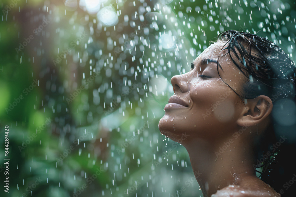 Obraz premium a woman is standing in the rain and smiling