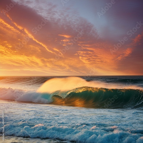 Sunset and waves in ocean. Warmy water texture with bokeh,sunset, sky, sea, water, clouds, sun, ocean, sunrise, cloud, beach, nature, landscape, horizon, photo