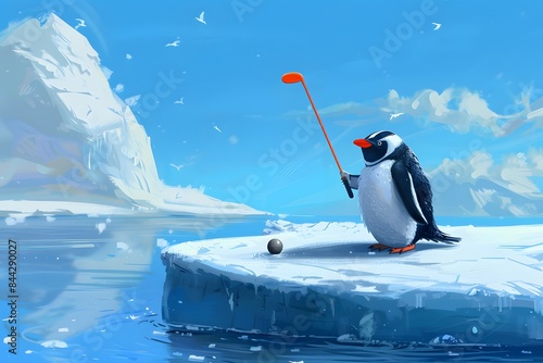 Illustration of Penguin dressed in a golf outfit, swinging a golf club with a determined look. Ai Generate.