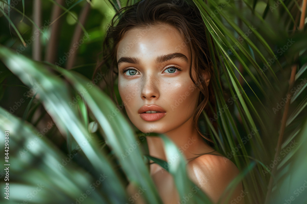 a woman with blue eyes is standing in a jungle a woman with blue eyes is standing in a jungle