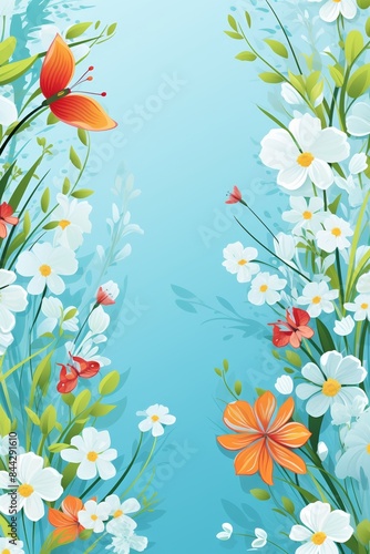 Wallpaper Mural A vibrant illustration of colorful flowers and butterflies on a blue background, capturing the beauty of nature in a whimsical style. Torontodigital.ca