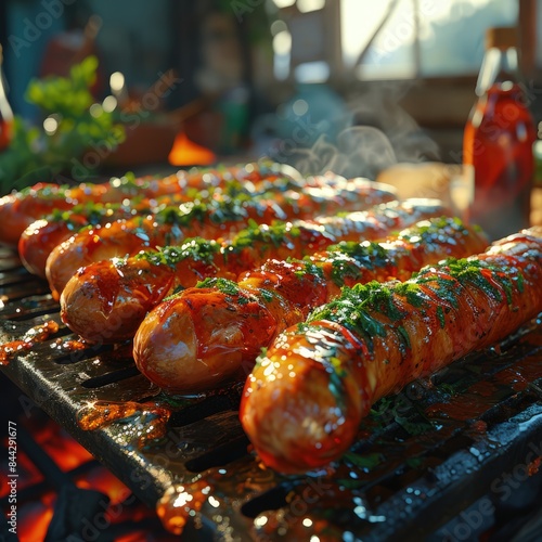 juicy thick sausages with spices on grill grate, tclose up, side view, light smoke, coals and some fire photo