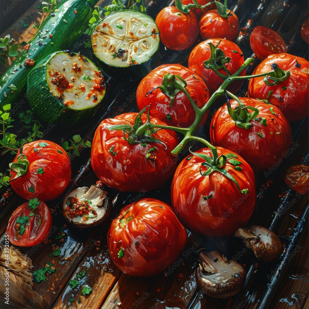 juicy tomatoes, zucchini, mushrooms with spices on grill grate, top view, light smoke juicy tomatoes, zucchini, mushrooms with spices on grill grate, top view, light smoke