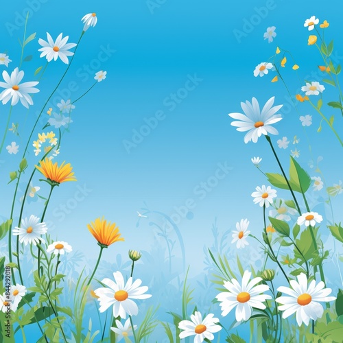 Beautiful wildflowers in a meadow on a clear blue day, showcasing white daisies and yellow blooms with lush green grass.