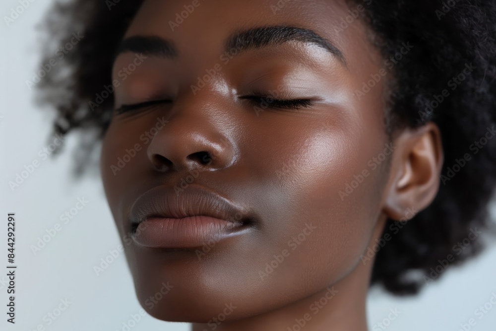A woman with dark hair and a dark skin tone is smiling with a peaceful expression on her face A woman with dark hair and a dark skin tone is smiling with a peaceful expression on her face